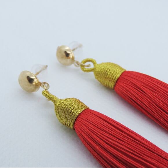 Express Gold Caged Red Roped Tassel Earrings Twee Retro Glam - Picture 3 of 4